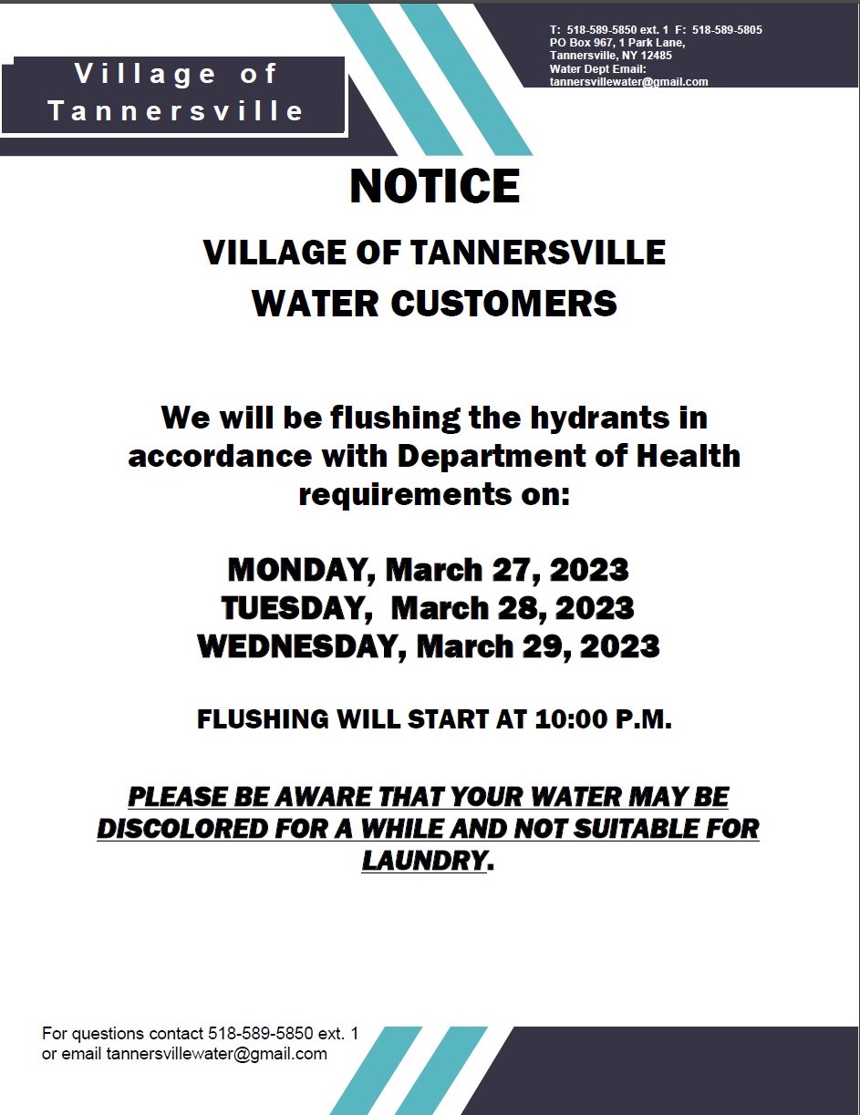 Hydrant Flushing Monday 3/27/23Wednesday 3/29/2023 Tannersville, NY